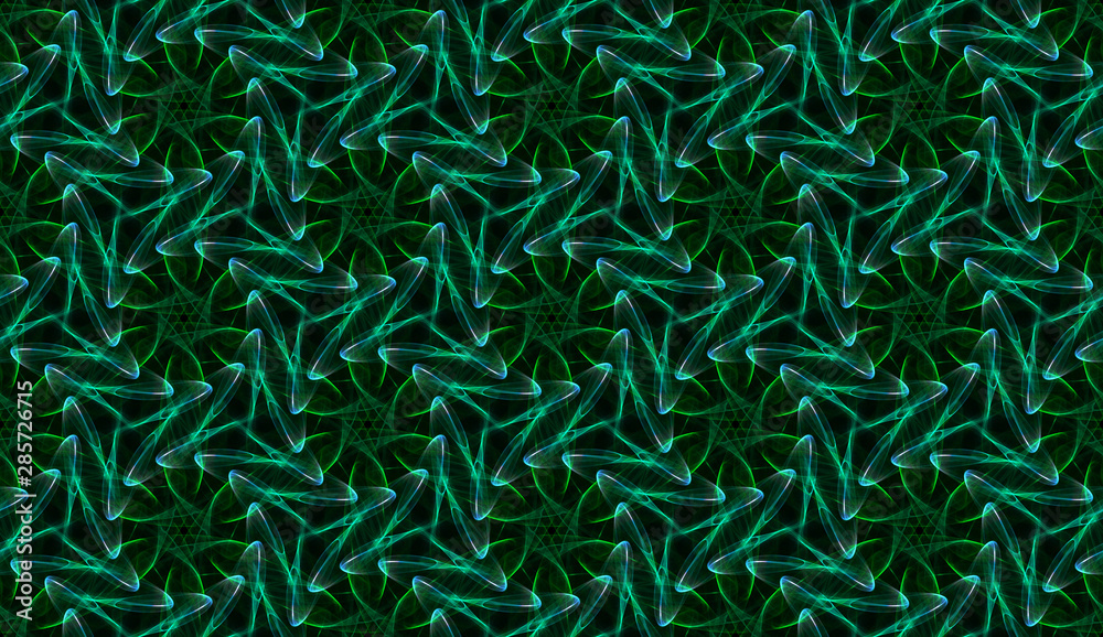 Cool seamless green transparent pattern on black background. Abstract ornament of repeating glowing elements.