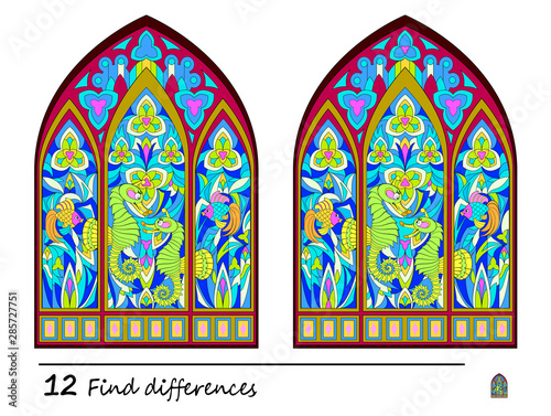 Find 12 differences. Logic puzzle game for children and adults. Print for kids brain teaser book. Illustration of medieval Gothic stained glass window. Developing counting skills. IQ training test.