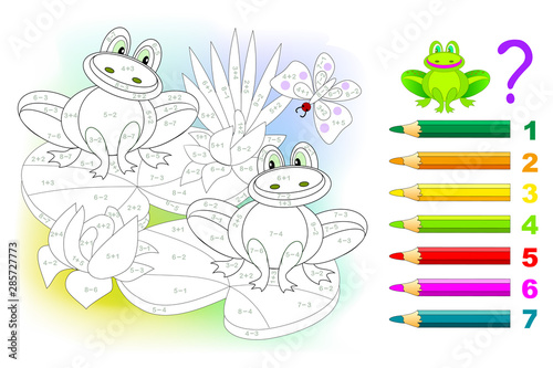 Math education for children. Coloring book. Mathematical exercises on addition and subtraction. Solve examples and paint frogs. Developing skills for counting. Printable worksheet for kids textbook.
