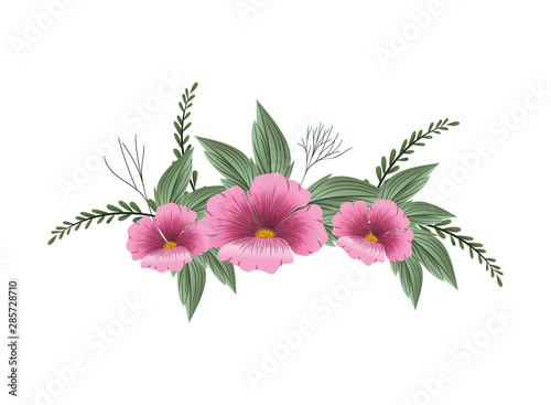 beautiful flowers with leafs isolated icon