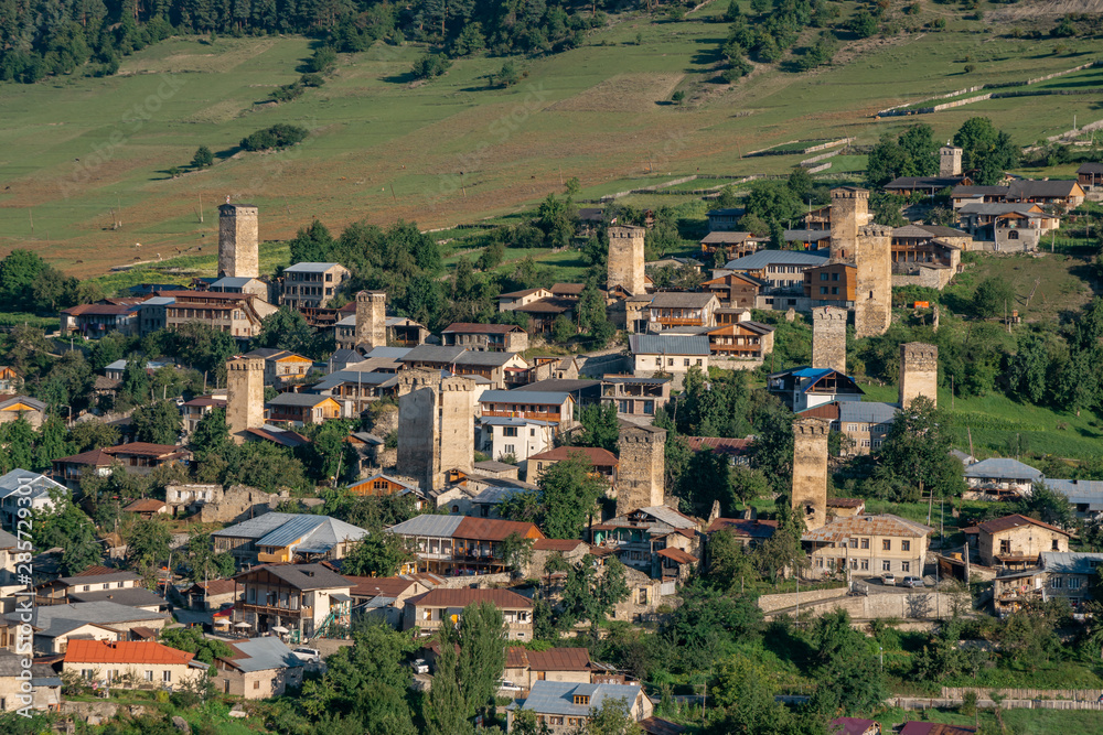 Areal view of beautiful old village Mestia. Great place to travel.