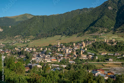 Areal view of beautiful old village Mestia. Great place to travel.