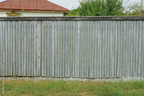 long old gray wooden fence from boards on the street in green grass