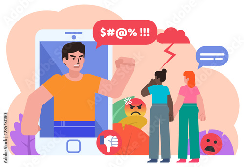 Bullying, trolling online in phone chat, messenger. People quarreling in phone chat. Poster for social media, web page, banner, presentation. Flat design vector illustration