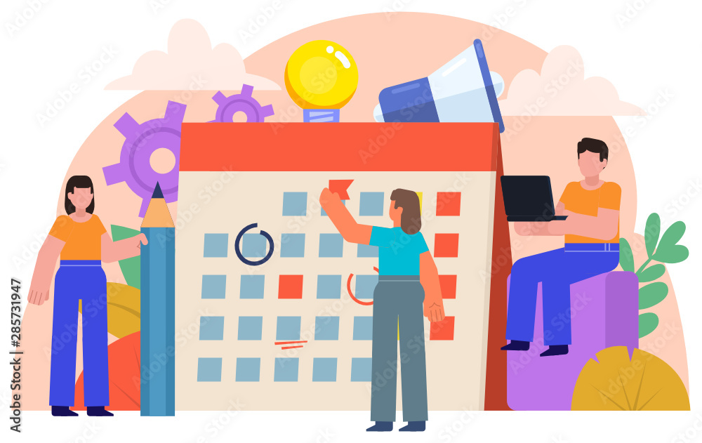 Time management, office work, planning, daily routine. People stand near big calendar. Poster for social media, presentation, web page, banner. Flat design vector illustration Time management, office work, planning, daily routine. People stand near big calendar. Poster for social media, presentation, web page, banner. Flat design vector illustration