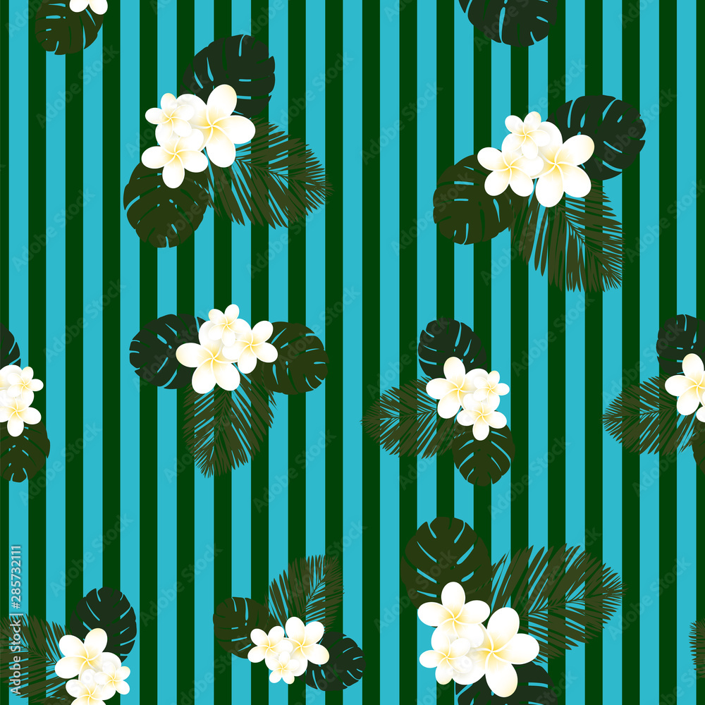 Obraz premium Seamless striped vector tropical pattern. Plumeria, frangipani. Exotic vector beach wallpaper seamless pattern.