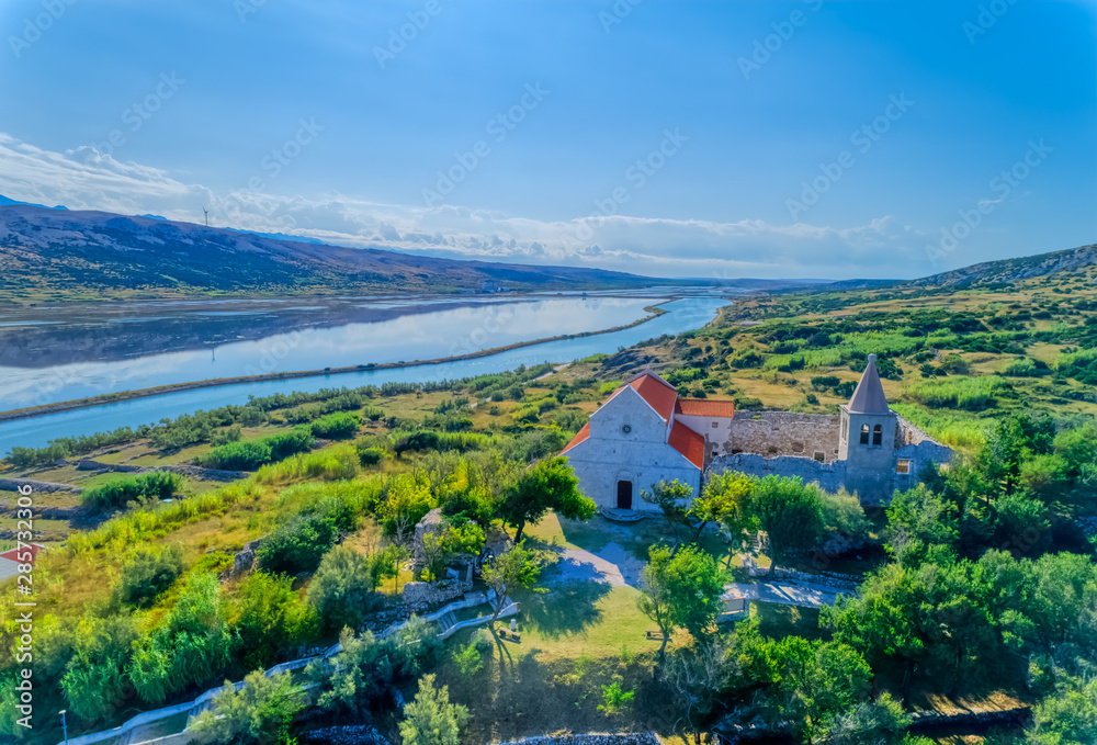 Aerial panorama of the historical saltern on island Pag