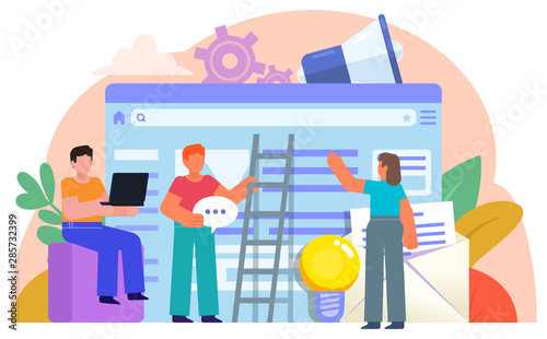 Web studio, developers team. People working near big web page. Website creation process. Business poster for presentation, social media, banner, web page. Flat design vector illustration