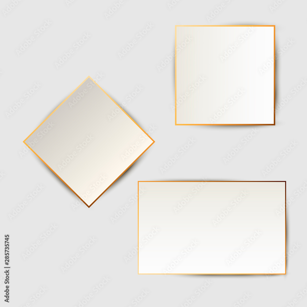 Paper sheet set with golden frame and shadows isolated on background. Place for text. Vector illustration.