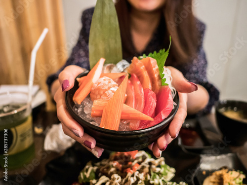 Japanese sashimi big set include salmon, tuna, and makuro fish. photo