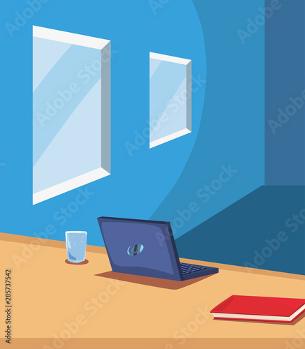 office workspace laptop book windows