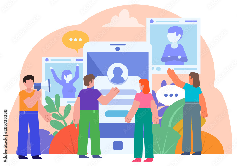 People stand near big smartphone, activity in chat, social apps. Poster for social media, web page, banner, presentation. Flat design vector illustration