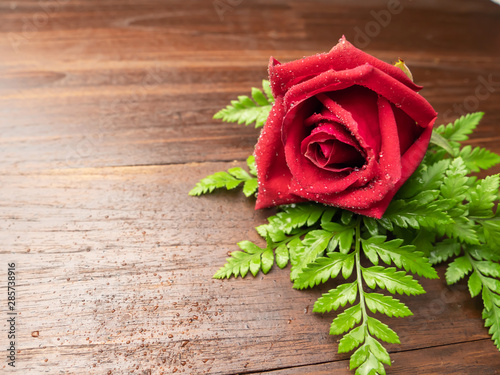 Beautiful red roses and leaves, on a wooden background.