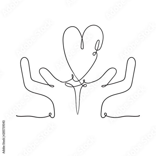 Heart in hand illustration with continuous line drawing doodle handdrawn style vector