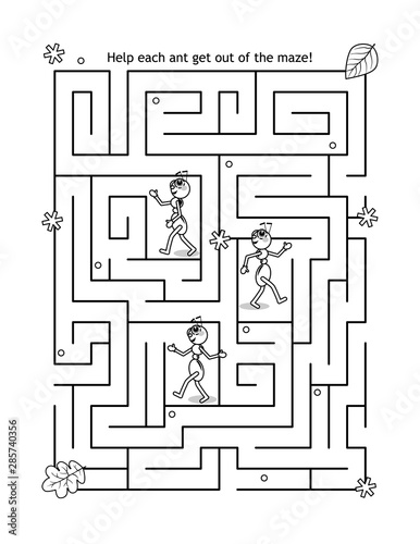 Maze game for kids with ants in autumn labyrinth: Help each ant get out of the maze!