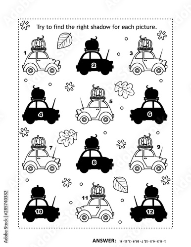 Halloween shadow game with big smiling pumpkins on cars: Can you find the shadow for each picture? Answer included.