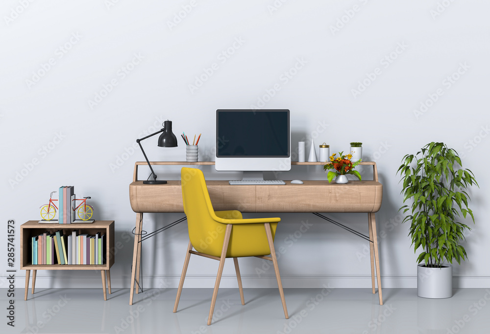 Fototapeta premium 3D render of interior modern living room workspace with desk and desktop computer