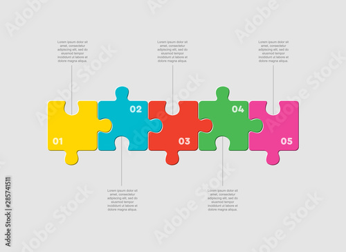 Five pieces jigsaw puzzle square line infographic