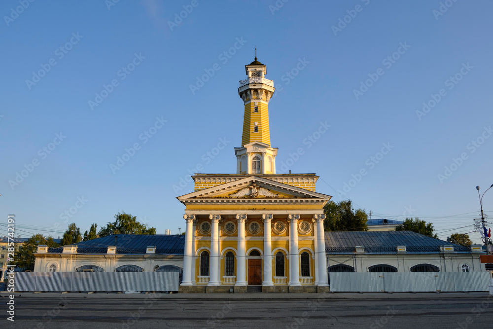 Scenic view of the Fire tower in historical center of ancient town Kostroma in Russian Federation. Beautiful summer look of old building in old part of capital of russian province