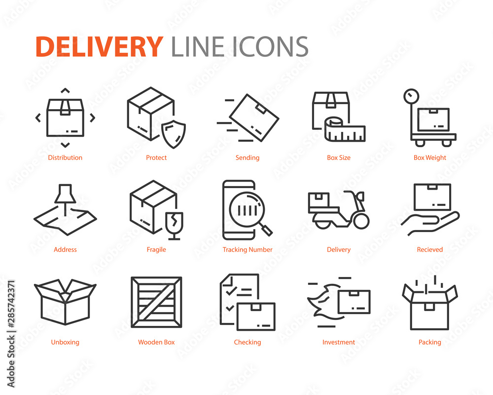 set of logistic icons, such as delivery, box, transport, distribution, send
