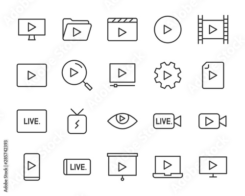 set of video icons, play, live, channel, watch