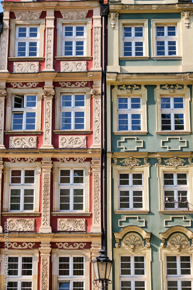 Obraz premium Detail of a colorful house facade seen on the main square in Wroclaw, Poland