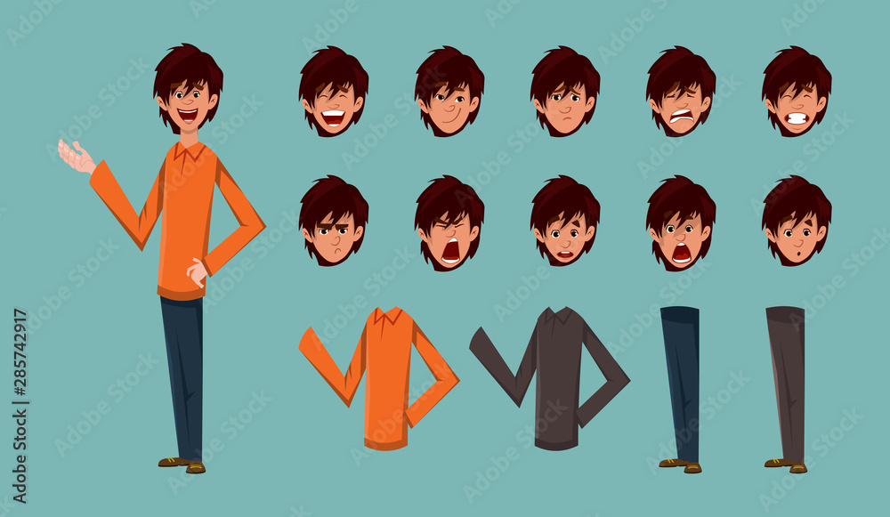Young boy cartoon character for motion design or animation. character  different type of dress and facial expression sheet. Stock Vector | Adobe  Stock