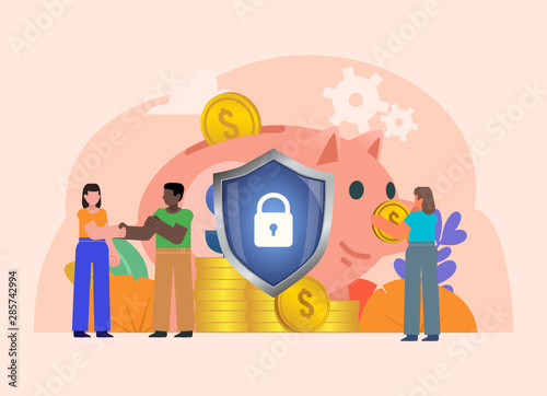 Savings, deposit, money under protection. Financial security guarantee. People stand near big piggy bank, shield. Poster for social media, web page, banner, presentation. Flat vector illustration