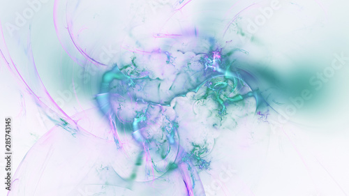 Abstract transparent green and violet smoky shapes. Fantasy light background. Digital fractal art. 3d rendering.