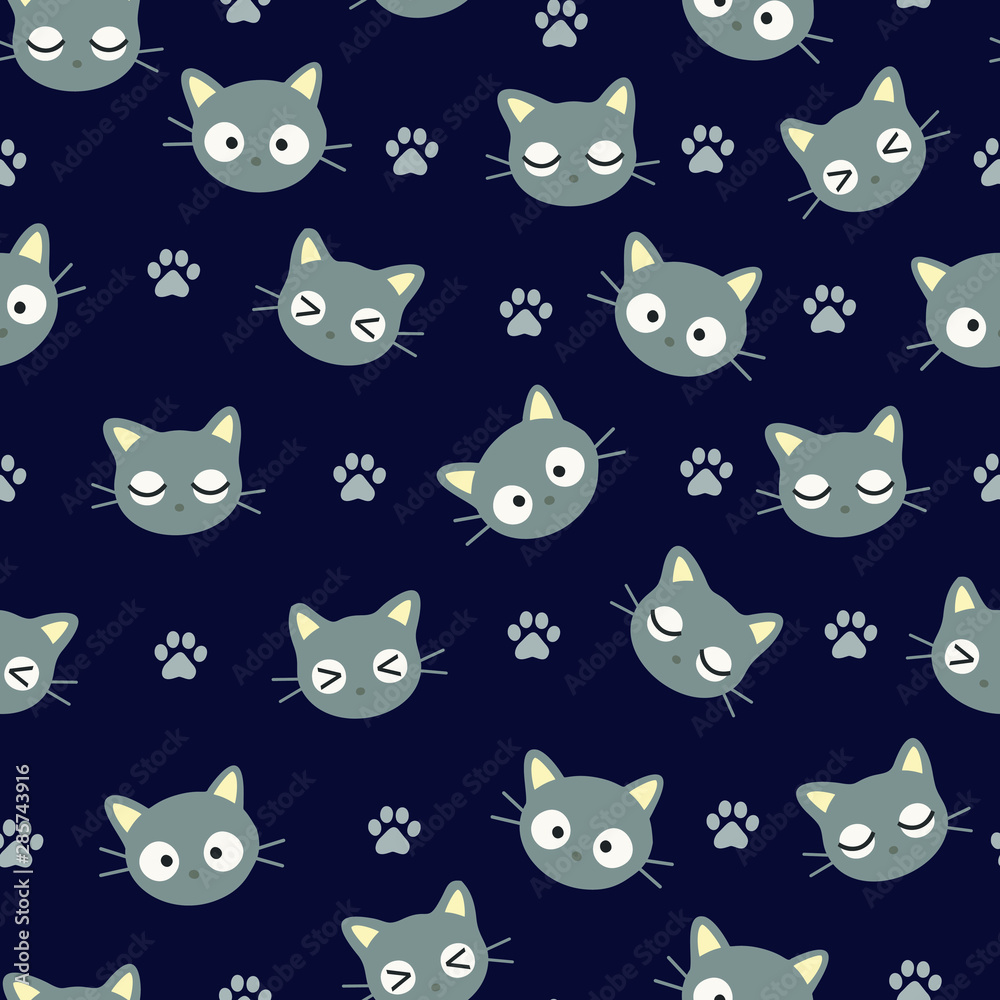 Seamless Pattern Kawaii Cats, Cartoon Animals Background, Vector Illustration