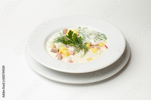 okroshka served with fermented milk product or kvass