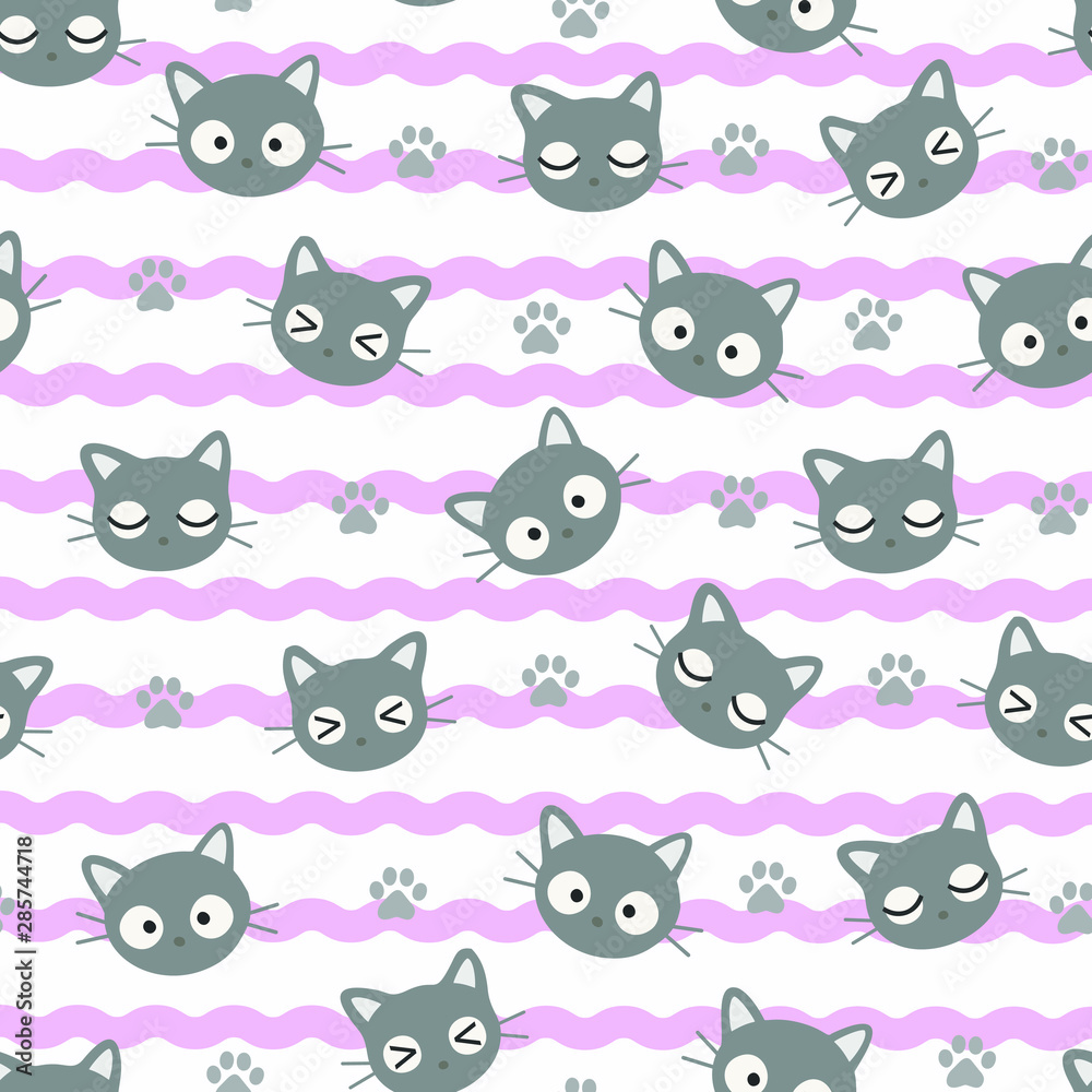 Seamless Pattern Kawaii Cats, Cartoon Animals Background, Vector Illustration