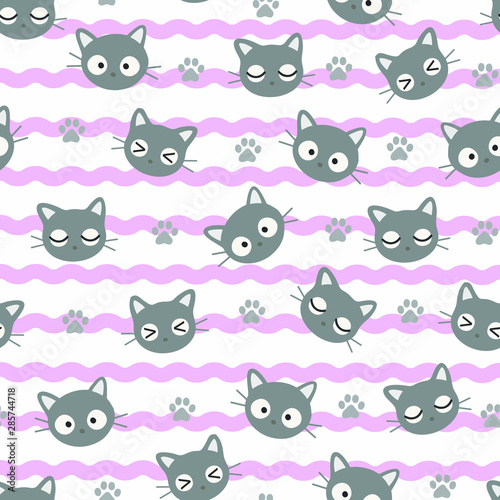 Fototapeta Naklejka Na Ścianę i Meble -  Seamless Pattern Kawaii Cats, Cartoon Animals Background, Vector Illustration