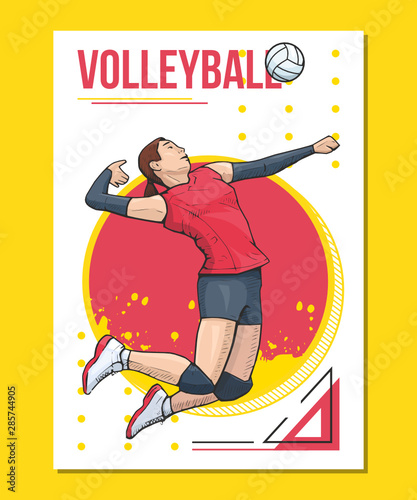 Vector illustration of female volleyball player jumping, ready to hit the ball. Volleyball sport themed poster on abstract background