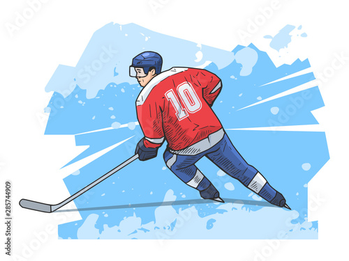 Vector illustration of ice hockey player skating on abstract background. Sport themed, ice hockey poster