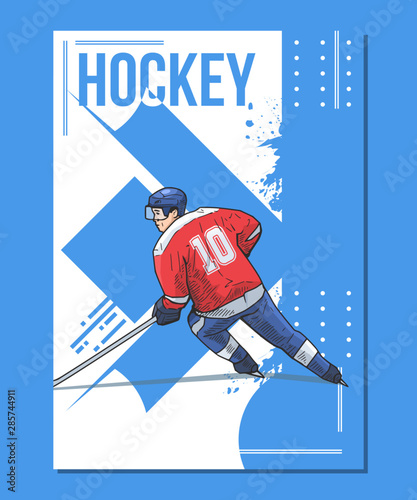 Vector illustration of ice hockey player skating on abstract background. Sport themed, ice hockey poster