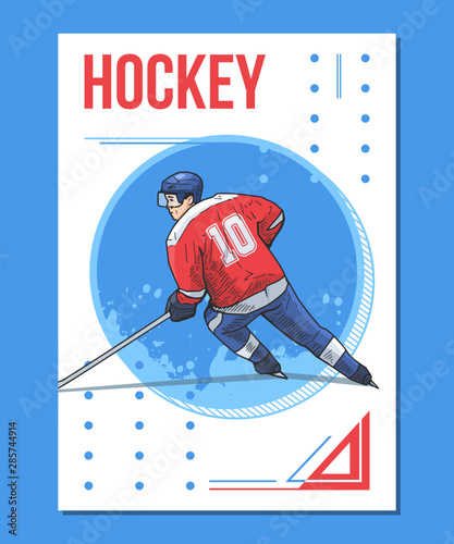 Vector illustration of ice hockey player skating on abstract background. Sport themed, ice hockey poster