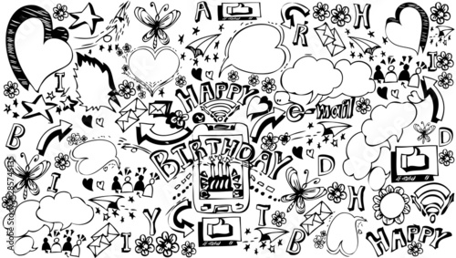 Line drawing of Happy Birthday,  Flower,  Heart,  Mobile Phone,  Cake, Email, Greeting, Butterfly. Black and white. Concepts of communication technology. Vector illustration.