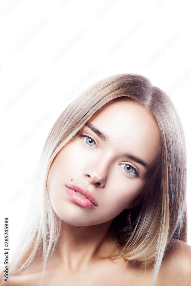 Blonde Teen Girl - Beauty portrait of young model girl with beautiful healthy face, natural  nude make-up, blonde hair style, studio shot of attractive woman, white  background. Copy space Stock Photo | Adobe Stock
