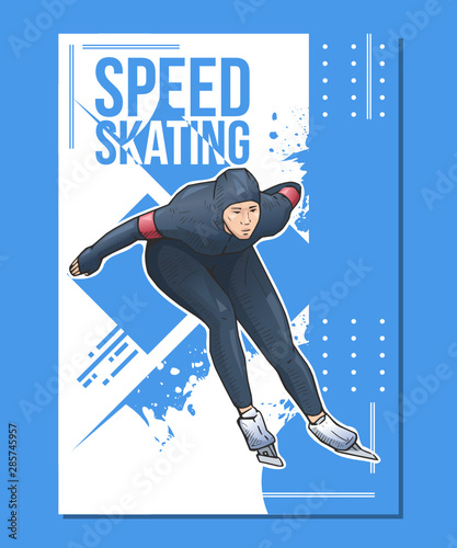 Vector illustration of speed skater on abstract background. Ice speed skating sport themed winter poster photo