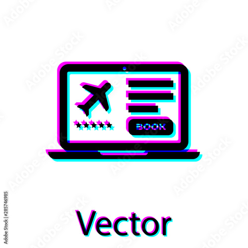 Black Laptop with electronic boarding pass airline ticket icon isolated on white background. Passenger plane mobile ticket for web and app. Vector Illustration