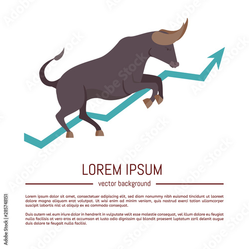 Bullish market. Bull and green arrow. The chart and the indicator show an uptrend. Stock market vector illustration.