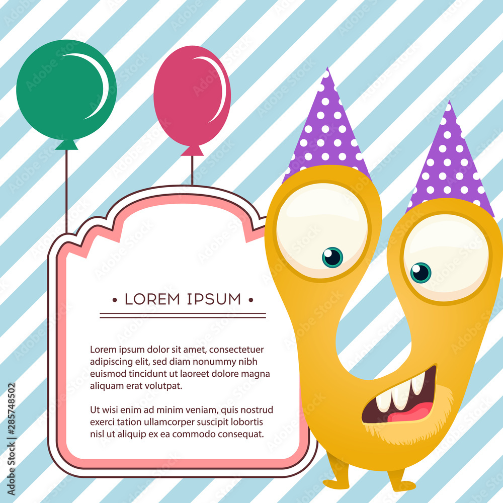 Fun monsters happy birthday card. monster party invitation card design. Vector art.
