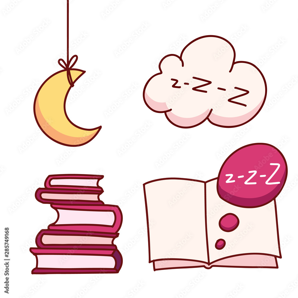 The elements of the dream. Moon, book, zzz. Insomnia items and lettering. Concept of trying to sleep, insomnia, sleep disorders, baby sleep. Vector illustration.