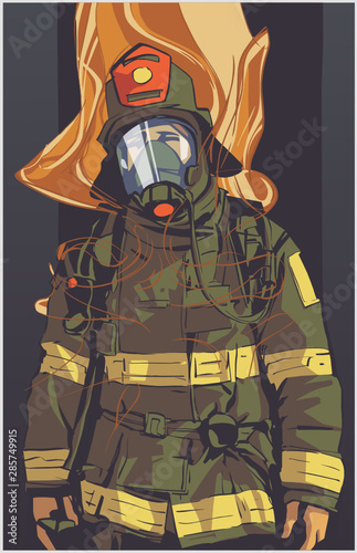 Stylized illustration print design of fire fighter in protective gear