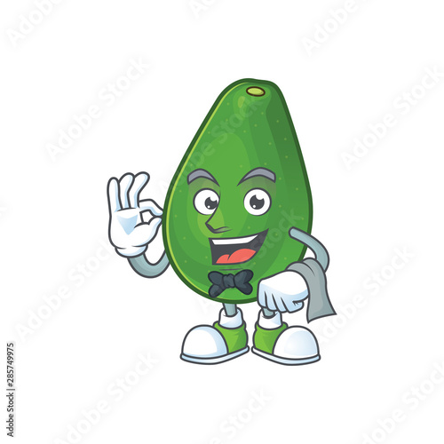 Waiter ripe avocado fruit on cartoon character