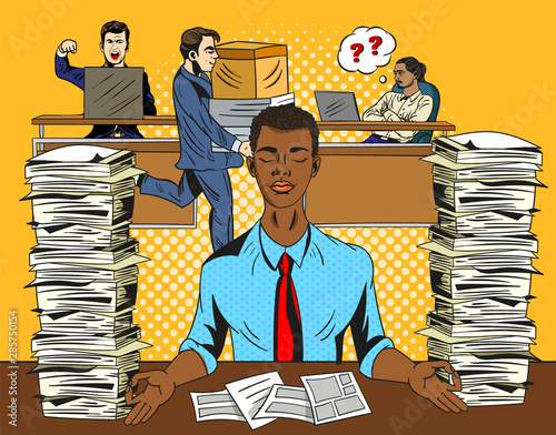 Overworked stressed businessman relaxing practicing yoga in the office, meditating with closed eyes to de-stress flanked by two tall stacks of waiting documents in trays in a vector illustration