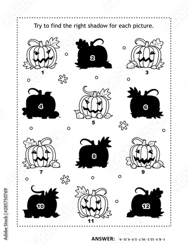 Shadow game with Halloween pumpkins: Can you find the shadow for each picture? Answer included.