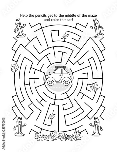 Maze game and coloring page for kids with car and pencils: Help the pencils get to the middle of the maze and color the car.