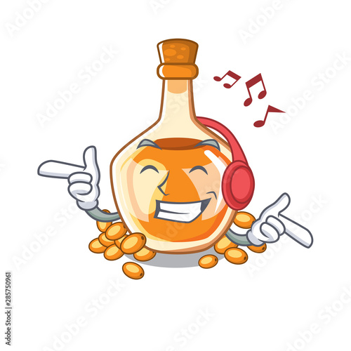 Listening music sea buckthorn oil in cartoon bowl